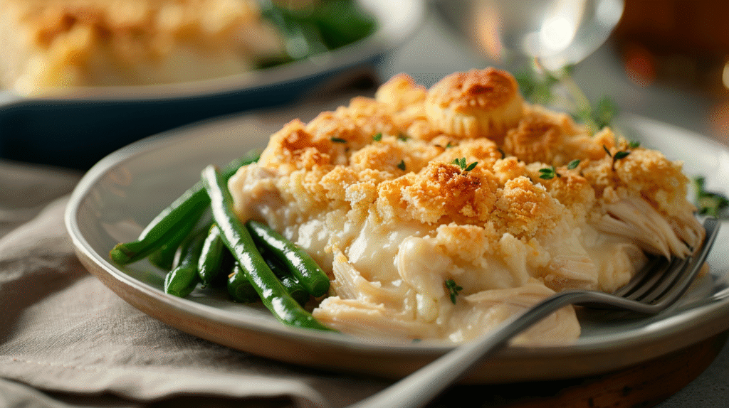 A beautifully served portion of Neiman Marcus chicken casserole