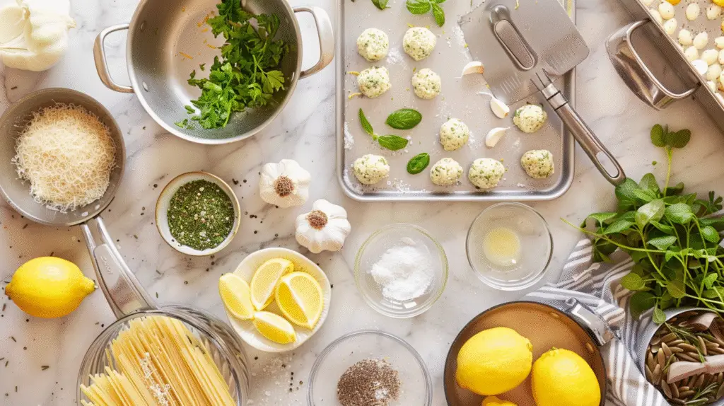 A bright kitchen counter with essential tools - Baked Lemon Chicken Meatballs with Creamy Orzo - Donald Recipes