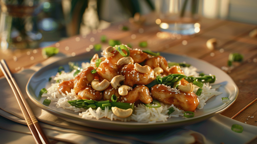 A plated serving of cashew chicken and asparagus stir fry