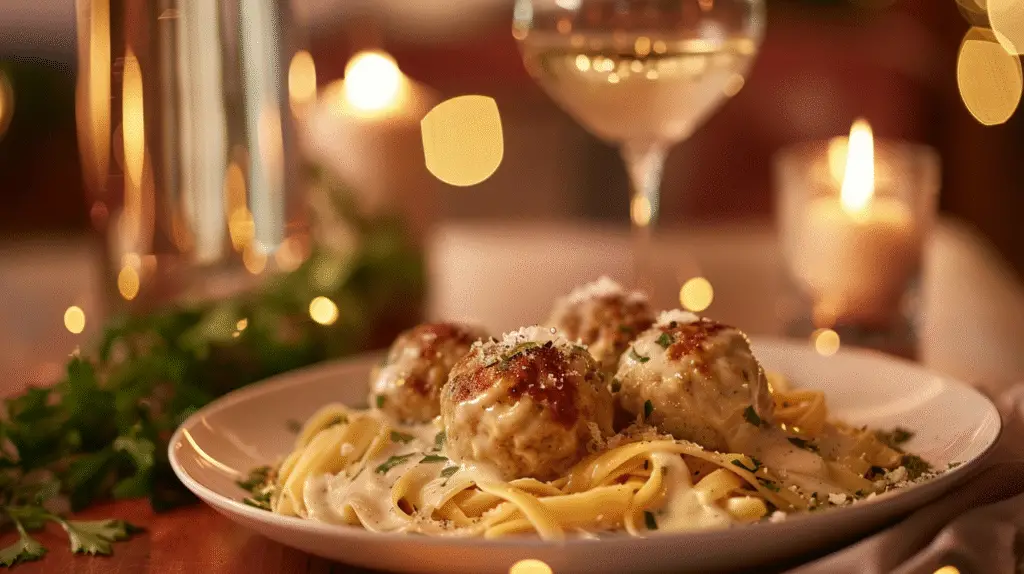 A romantic dinner scene featuring a plate of Marry Me Chicken Meatballs - Creamy Marry Me Chicken Meatballs - Donald Recipes
