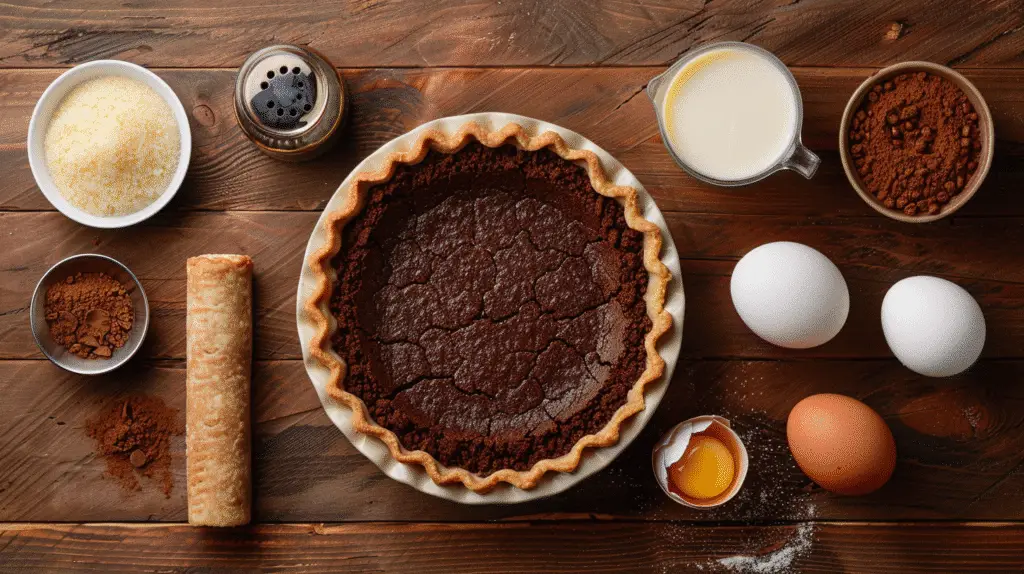 Chocolate Chess Pie 2 A rustic flat lay of ingredients - Chocolate Chess Pie - Donald Recipes