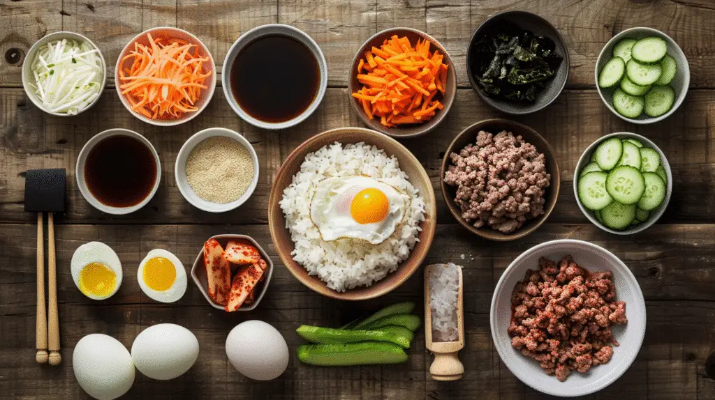 20-Minute Korean Gochujang Beef Bowls Recipe 2 A rustic overhead layout of Korean beef bowl ingredients - 20-Minute Korean Gochujang Beef Bowls Recipe - Donald Recipes