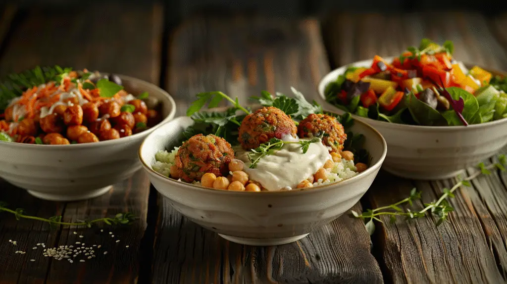A trio of Mediterranean bowls showing variations - Greek Chicken Bowls with Tahini Feta Sauce Recipe - Donald Recipes