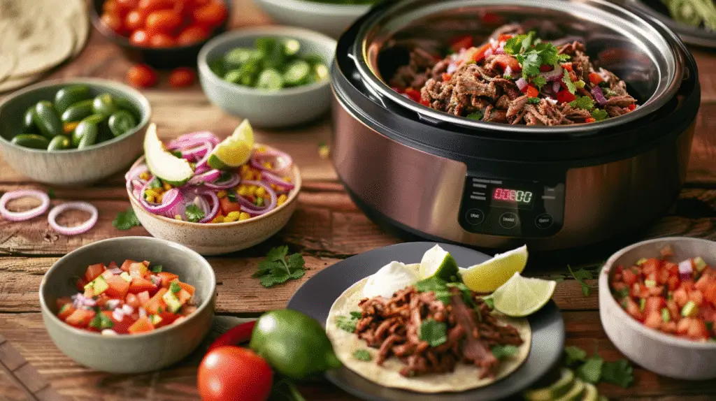 A vibrant taco spread featuring shredded chipotle beef tacos - Crockpot Chipotle Pot Roast Tacos Recipe - Donald Recipes