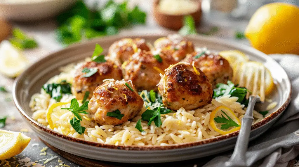 Baked Lemon Chicken Meatballs with Creamy Orzo