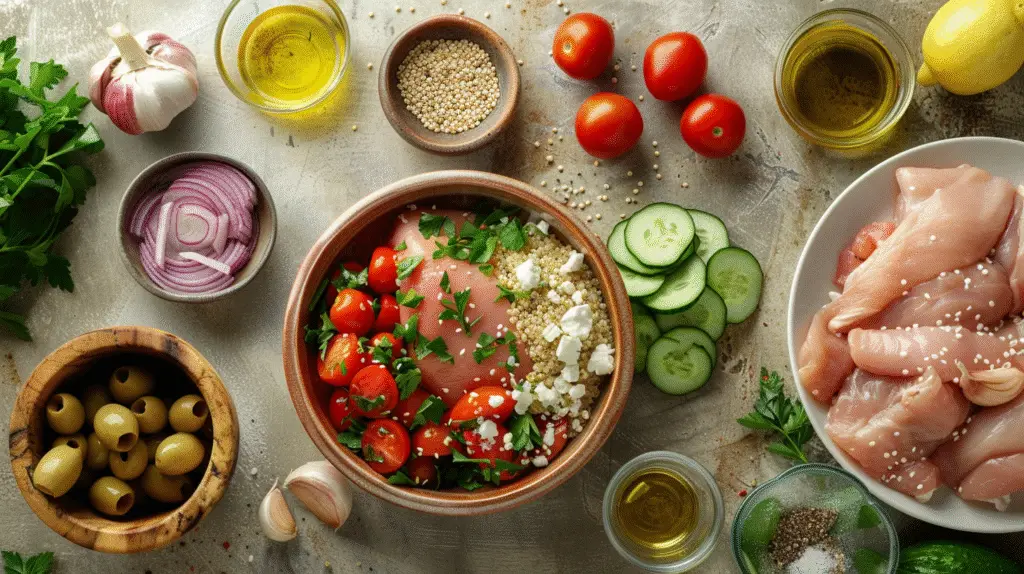 Ingredients laid out for a Greek chicken bowl - Greek Chicken Bowls with Tahini Feta Sauce Recipe - Donald Recipes