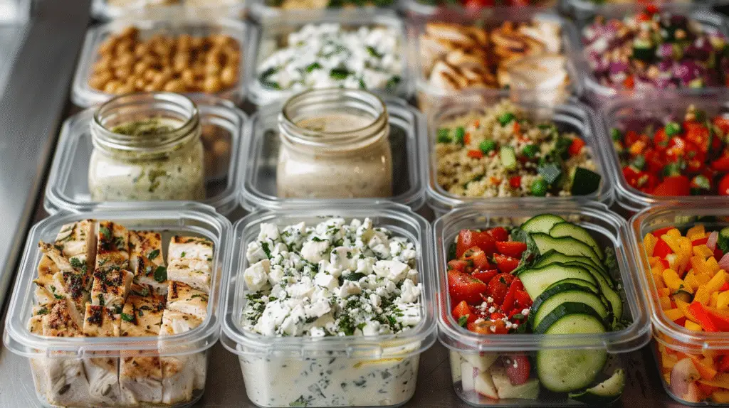 Meal prep containers filled with Greek chicken bowls - Greek Chicken Bowls with Tahini Feta Sauce Recipe - Donald Recipes