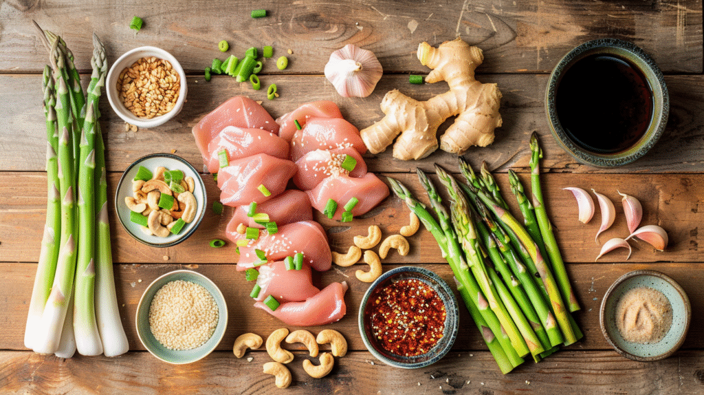Overhead flat lay of stir fry ingredients