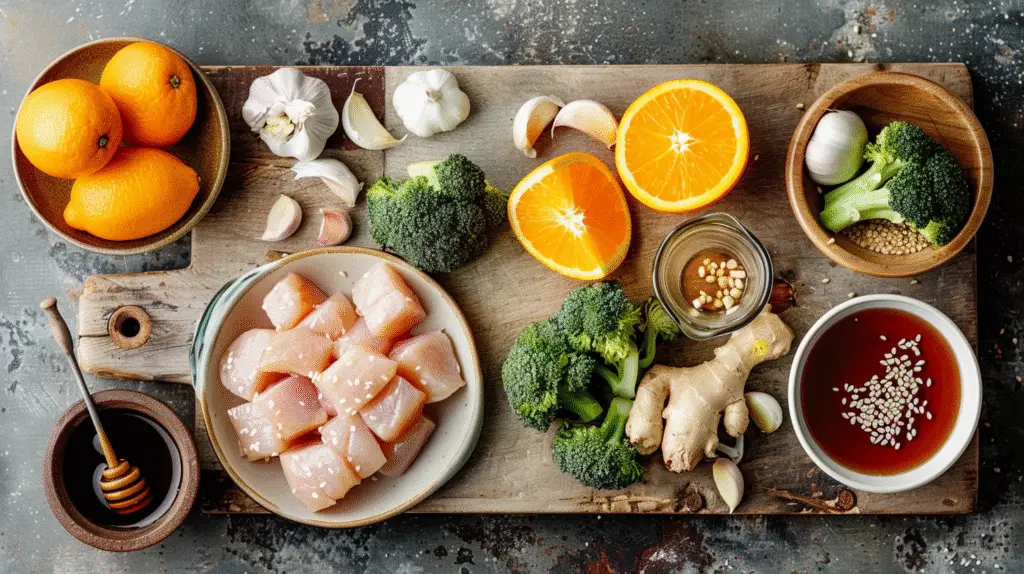 fresh ingredients laid out for a sheet pan dinner - Sheet Pan Chili Ginger Orange Chicken and Broccoli Recipe - Donald Recipes