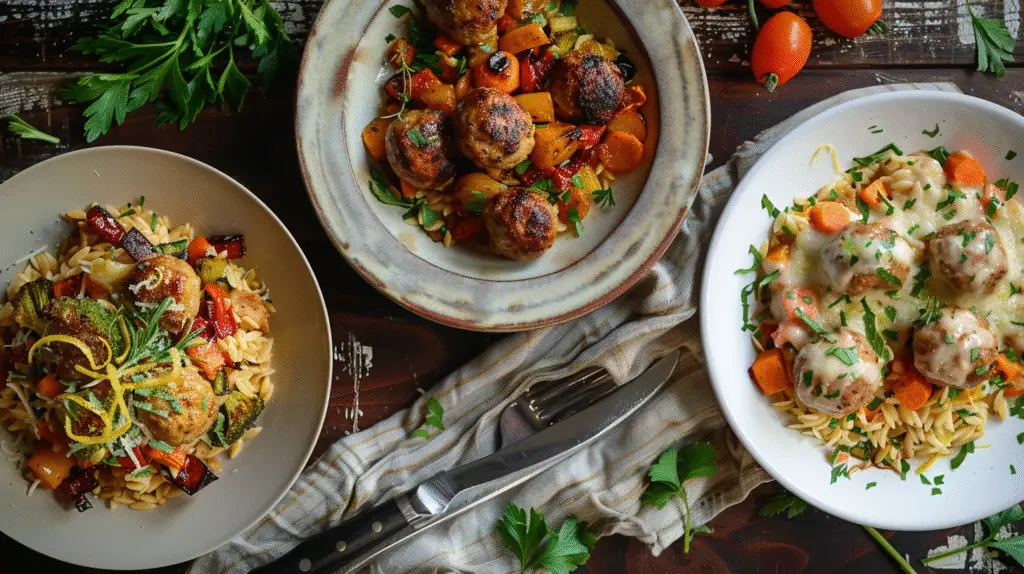 hree plated versions of lemon chicken meatballs - Baked Lemon Chicken Meatballs with Creamy Orzo - Donald Recipes