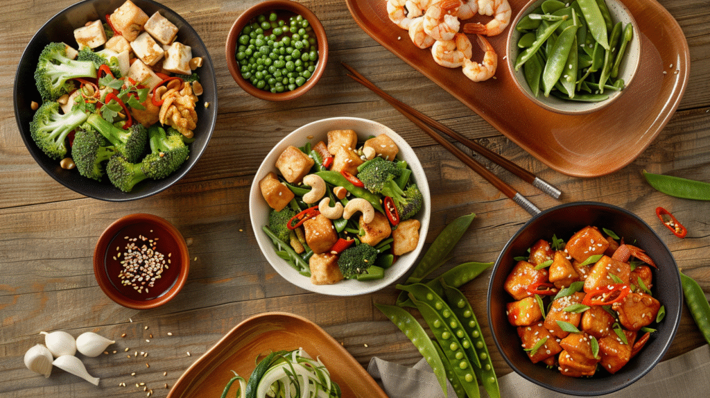 variety of cashew chicken stir fry bowls