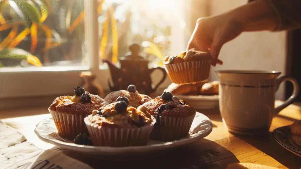A cozy brunch scene with a plate of blueberry coffee cake muffins - Blueberry Coffee Cake Muffins - Donald Recipes