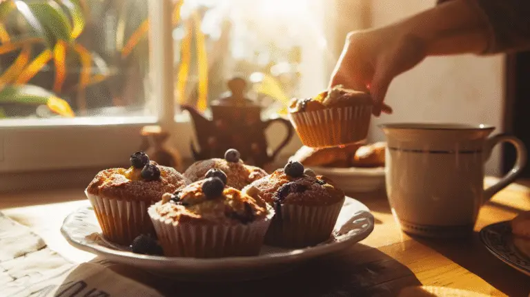 A cozy brunch scene with a plate of blueberry coffee cake muffins - Blueberry Coffee Cake Muffins - Donald Recipes