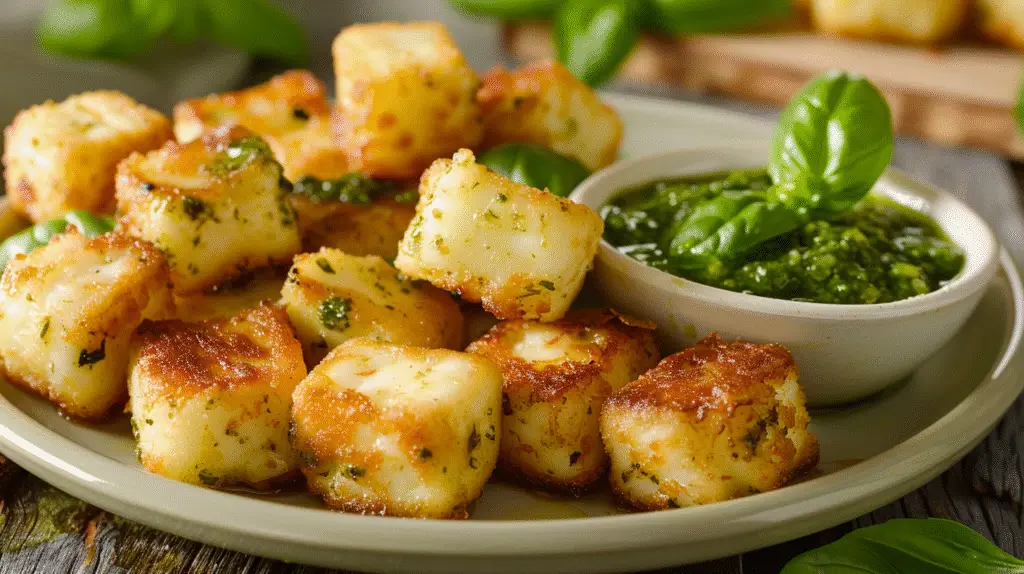 Crispy Halloumi Bites with Pesto Dip