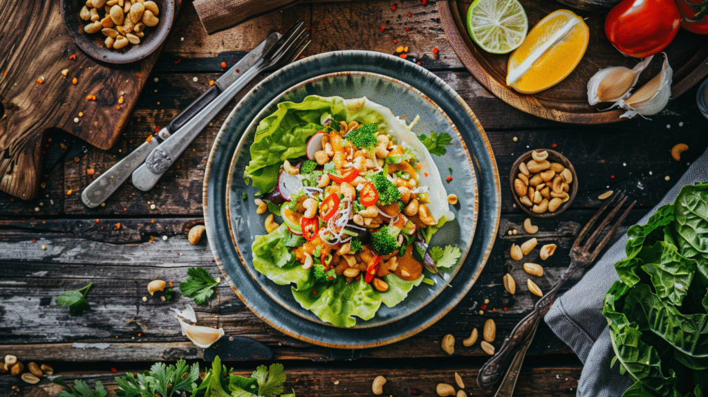 Crispy Rice Lettuce Cups with Peanut Sauce