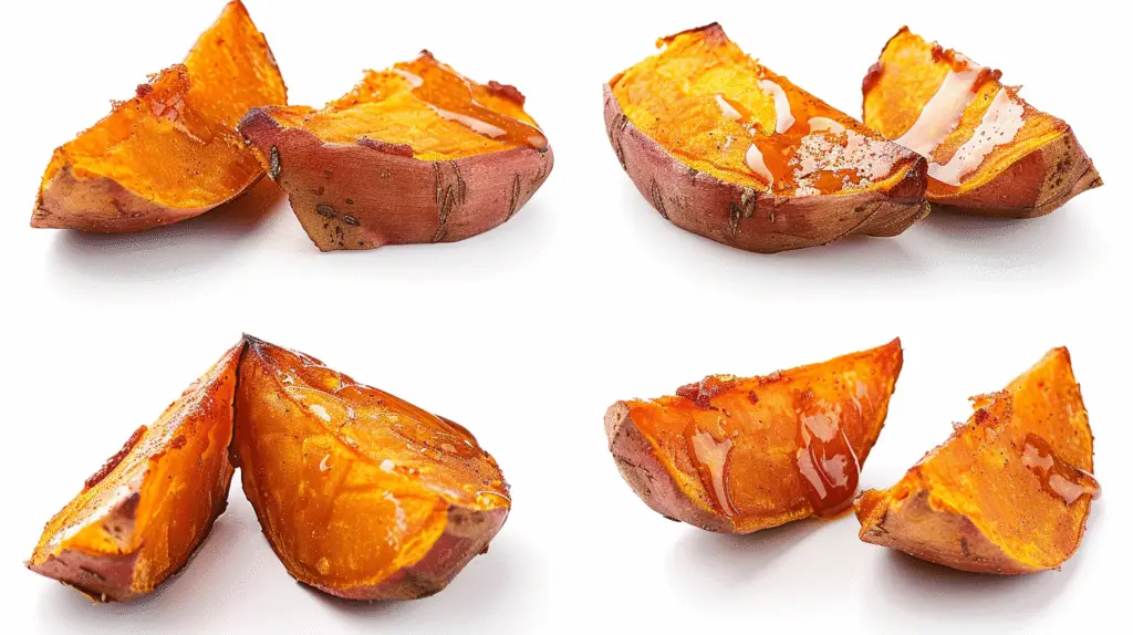 Hot Honey Roasted Sweet Potatoes 3 A clean collage-style layout showing cubed sweet potatoes tossed in spices, spread on a sheet pan, mid-roast golden and crisp, then drizzled with glossy hot honey—all shot with a bright white background and soft shadows.