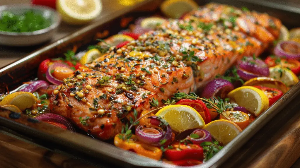 Lemon Garlic Salmon Tray Bake