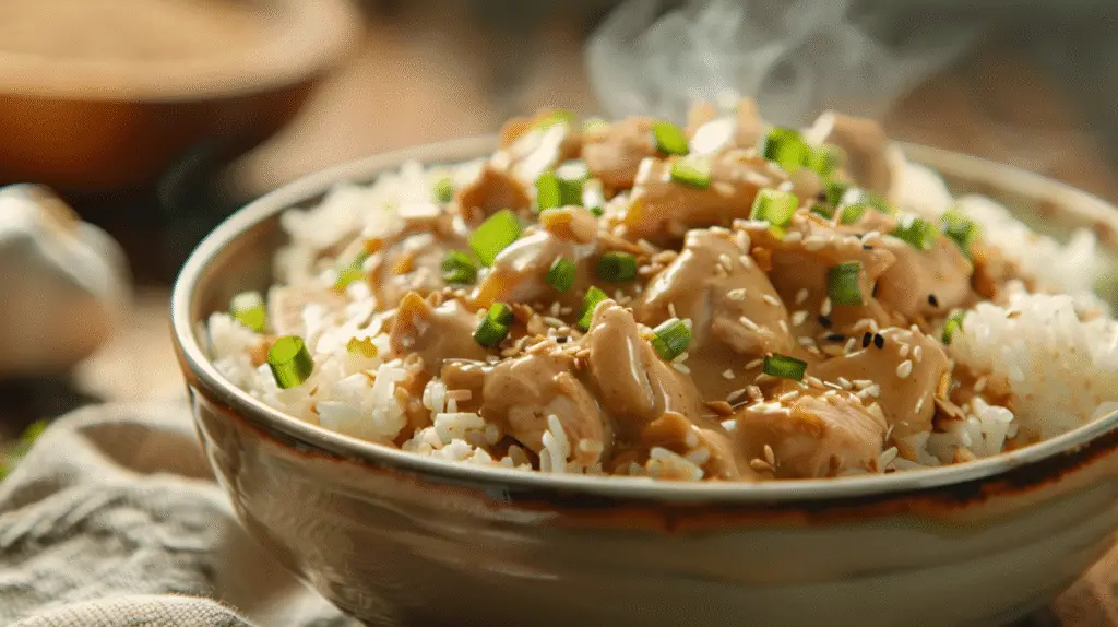 One-Pot Gingery Chicken and Rice with Peanut Sauce