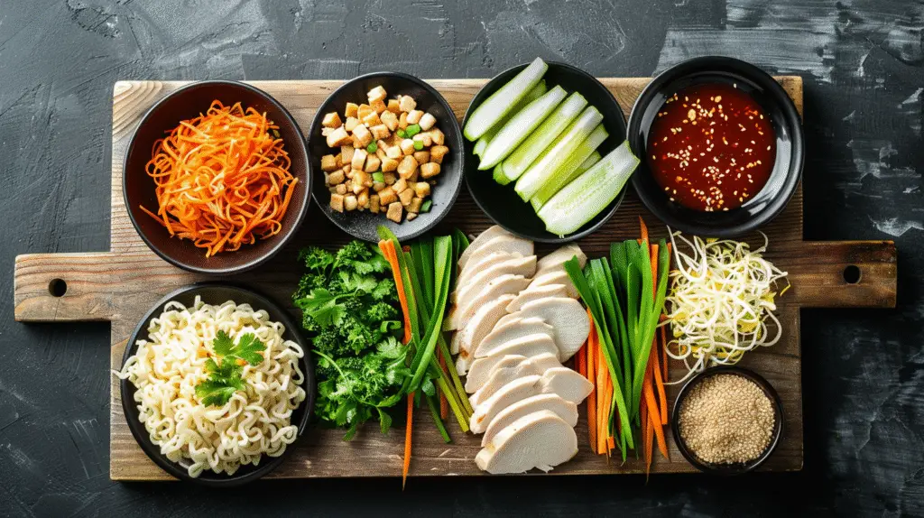 Peanut Chicken Ramen Noodles 2 Photorealistic image of creamy peanut chicken ramen noodles in a deep ceramic bowl, topped with scallions, crushed peanuts, and lime, styled on a rustic wooden table.